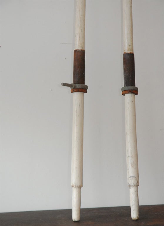 American 19THC ORIGINAL WHITE PAINTED  ROWING OARS W/LEATHER GRIPS