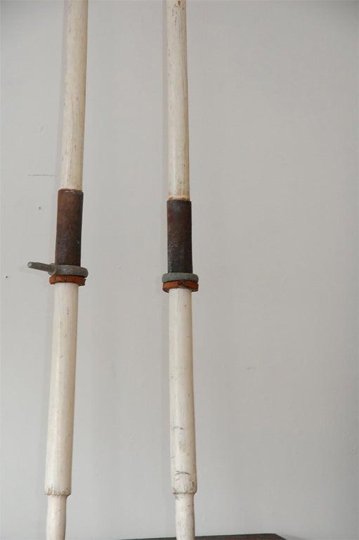 19THC ORIGINAL WHITE PAINTED  ROWING OARS W/LEATHER GRIPS 1