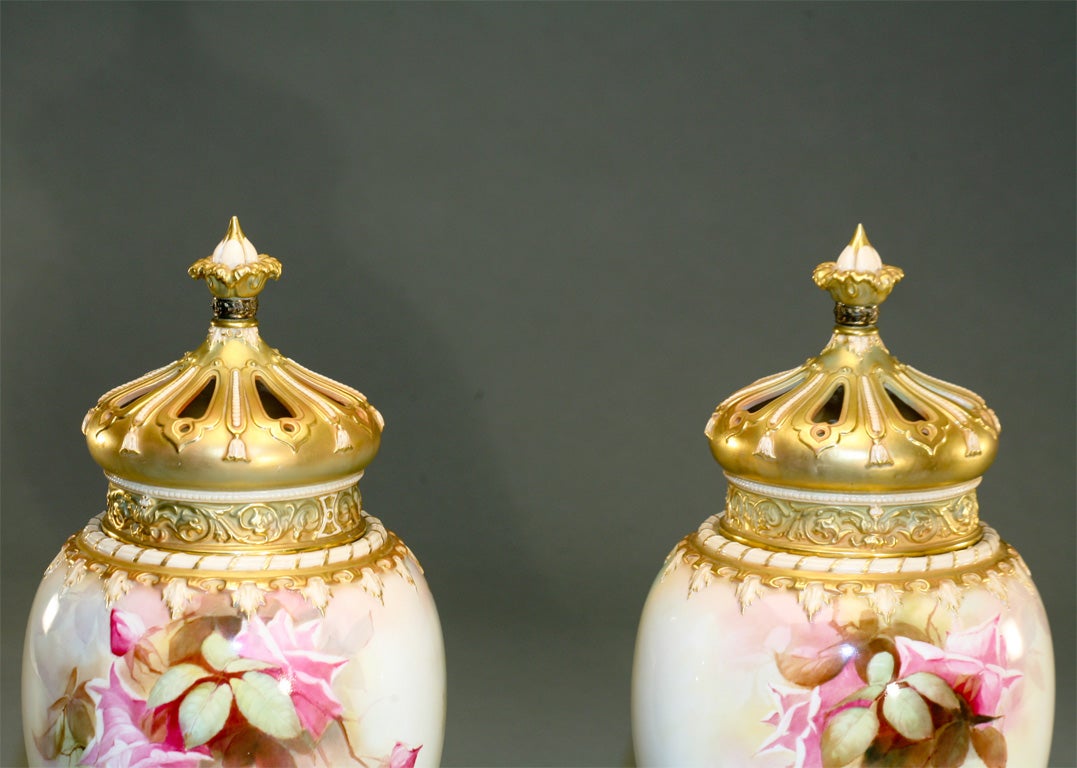 Hand-Painted Pair Of Monumental Royal Worcester Hand Painted Covered Vases