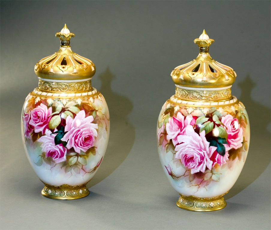 19th Century Pair Of Monumental Royal Worcester Hand Painted Covered Vases