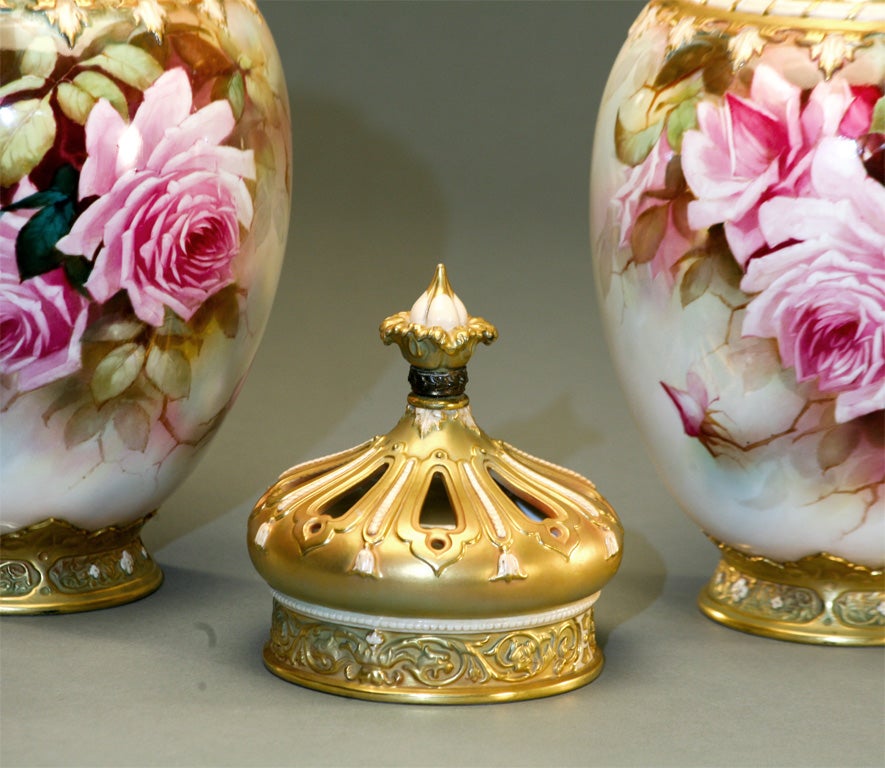 Pair Of Monumental Royal Worcester Hand Painted Covered Vases 1