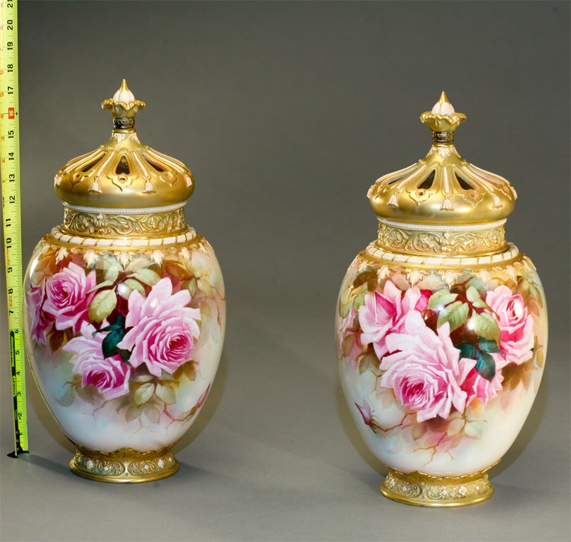Pair Of Monumental Royal Worcester Hand Painted Covered Vases 2