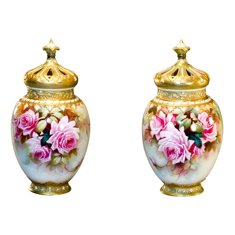 Pair Of Monumental Royal Worcester Hand Painted Covered Vases