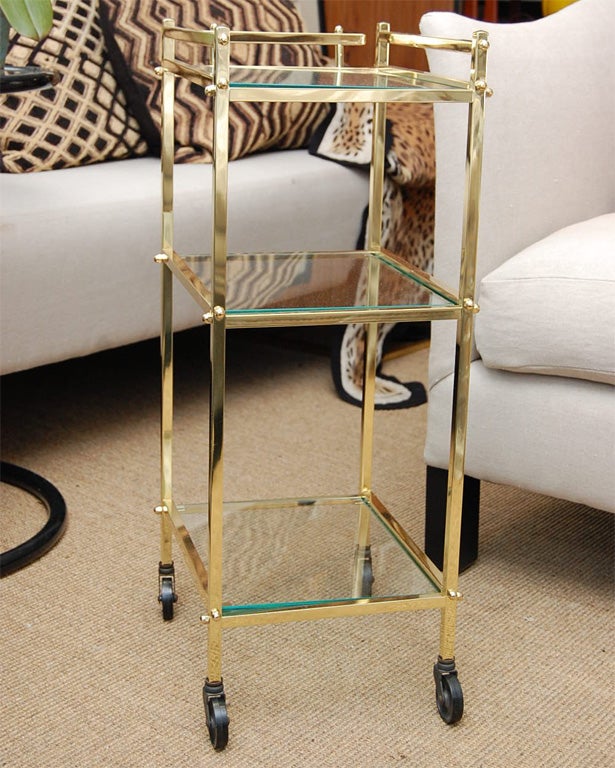Wonderful reconditioned brass and glass 3 tiered telephone trolley but great as a small and unique end table or occassional piece