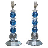 Pair of Blue and Clear Cut Crystal Lamps