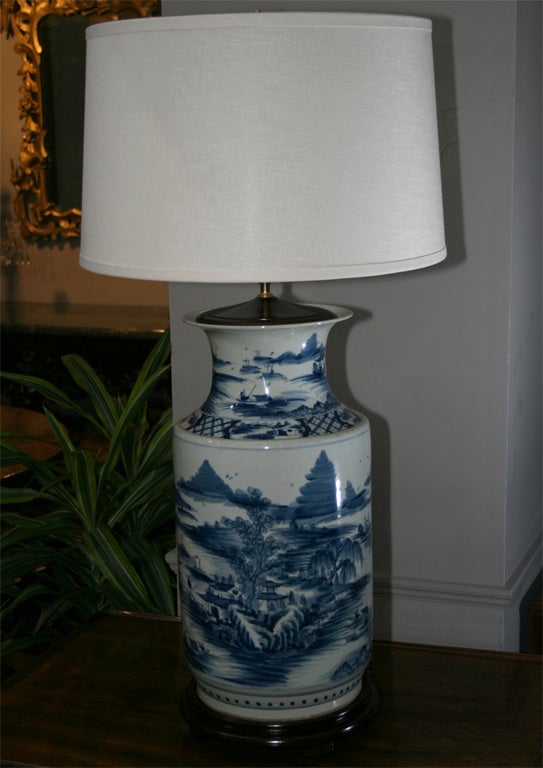 A pair of chinese blue & white porcelain cylindrical vase with surround scene, mae into lamps