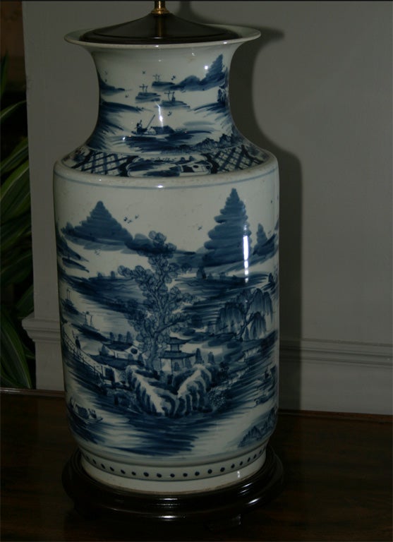 20th Century A Pair of Chinese Blue & White Porcelain Lamps