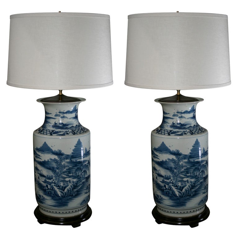 A Pair of Chinese Blue & White Porcelain Lamps