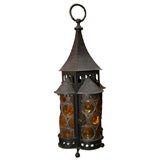 Arts & Crafts Wrought Iron and Leaded Glass Lantern