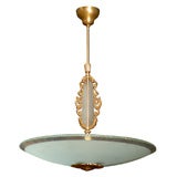 Swedish Art Deco Etched Glass and Brass Chandelier by Orrefors