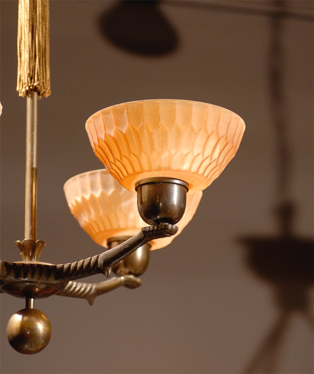 Swedish Art Deco Antique Brass Chandelier with Havana Glass Shades In Good Condition In Atlanta, GA