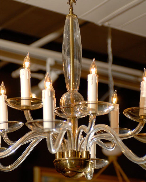 Vintage Swedish Handblown Crystal and Glass 12Arm Chandelier For Sale