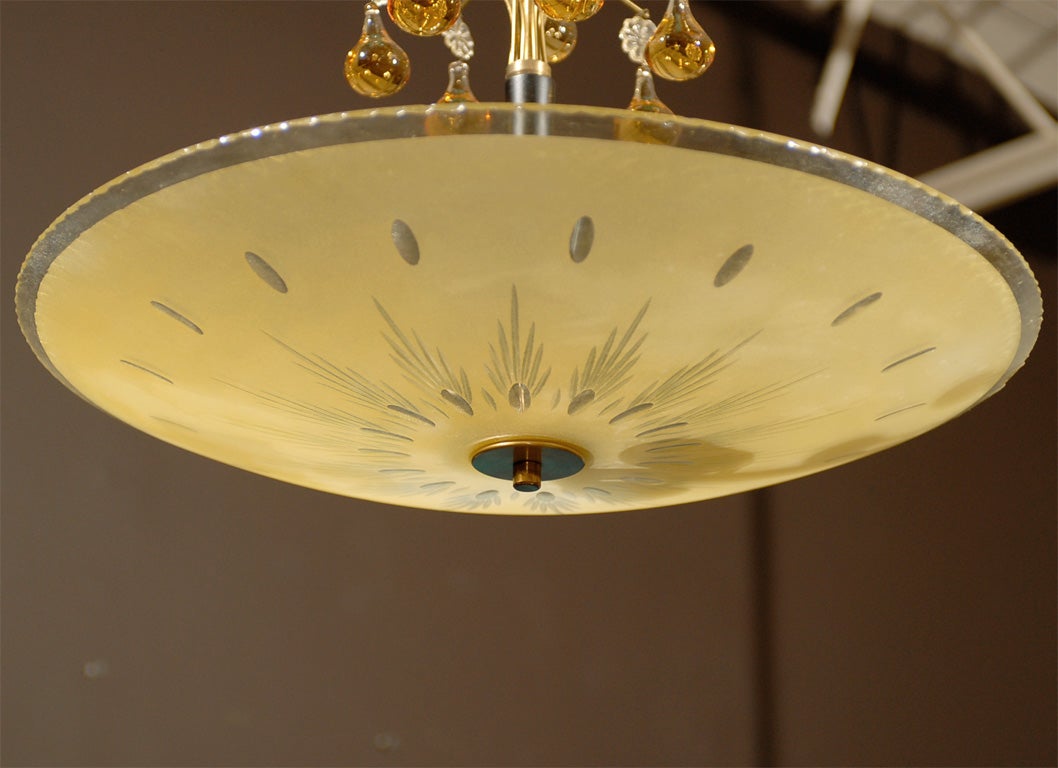 Swedish Orrefors Mid-Century Etched Bowl and Crystal Chandelier In Excellent Condition In Atlanta, GA