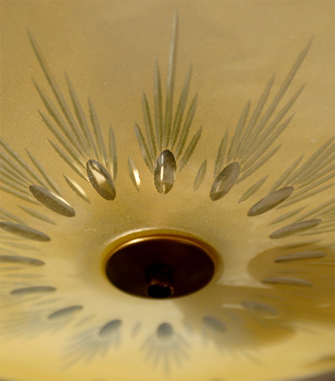 Brass Swedish Orrefors Mid-Century Etched Bowl and Crystal Chandelier