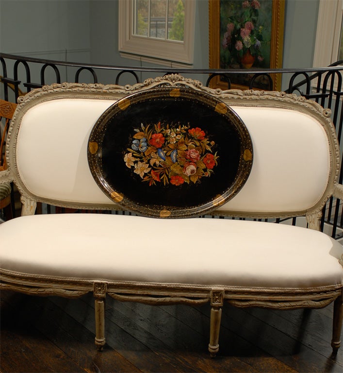 Large, Oval, English Black Tole Tray with floral scene