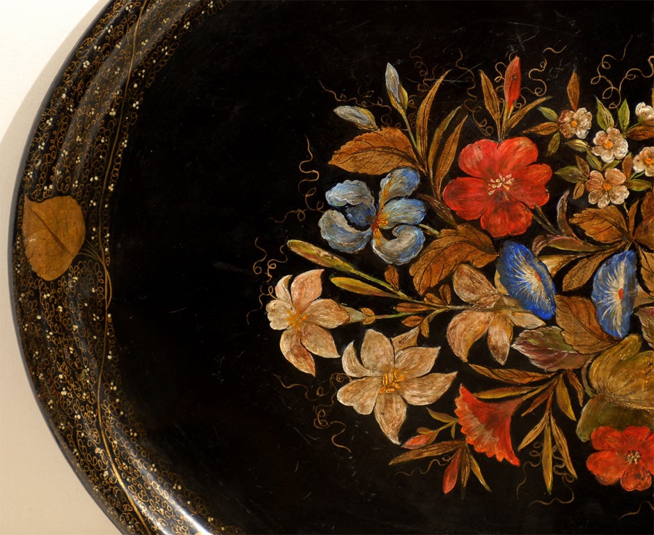 19th Century Large, Oval, English Black Tole Tray with floral scene For Sale