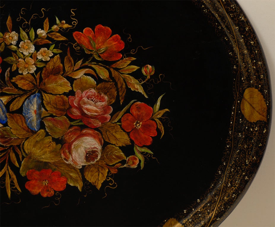 Large, Oval, English Black Tole Tray with floral scene For Sale 1