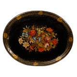 Large, Oval, English Black Tole Tray with floral scene