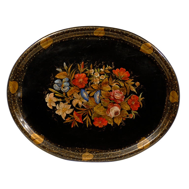 Large, Oval, English Black Tole Tray with floral scene For Sale