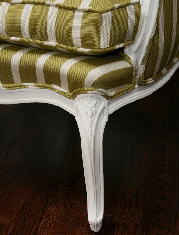 French Ivory Lacquered Armchair Upholstered in Striped Linen