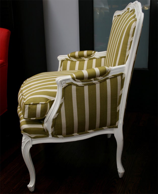 Wood Ivory Lacquered Armchair Upholstered in Striped Linen