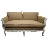 Retro Linen-Upholstered Settee with Ivory-Painted Wood Frame