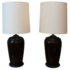 Pair of Large Dark Brown Porcelain Jar Lamps Pair of Large Dark Brown Porcelain Jar Lamps