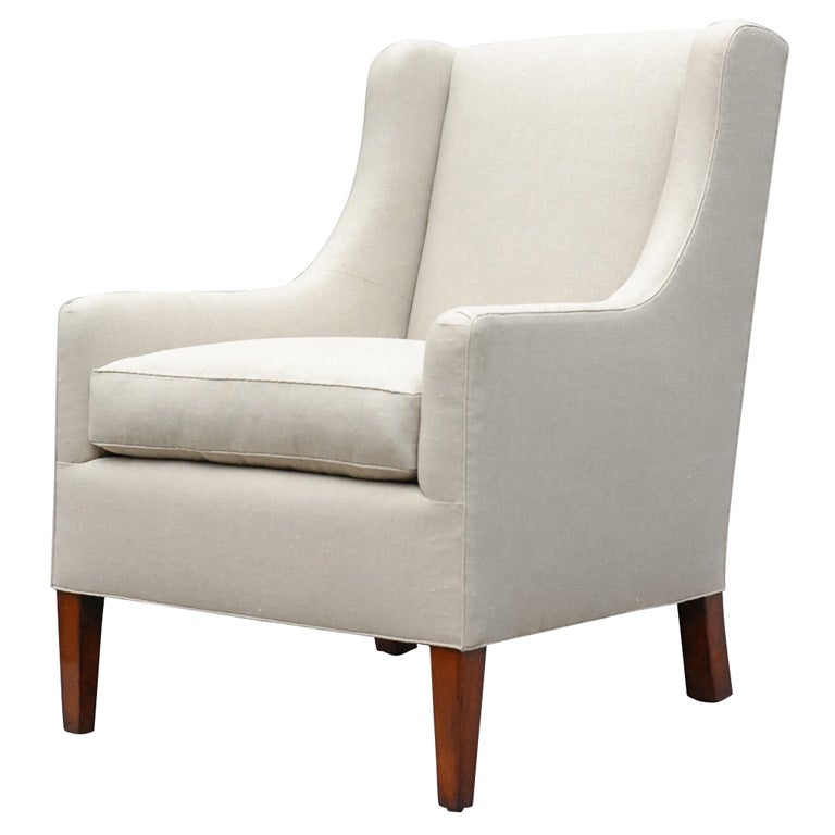 "Alfie" by Lee Stanton Upholstered Arm Chair in Belgium Linen or Custom Fabric For Sale
