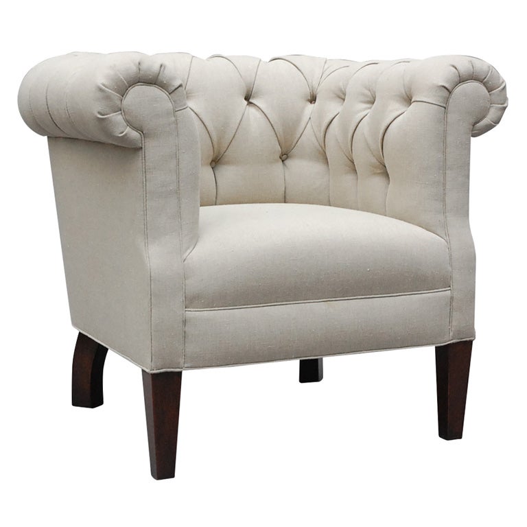 "Alston" by Lee Stanton Tufted Armchair Upholstered in Belgian Linen For Sale