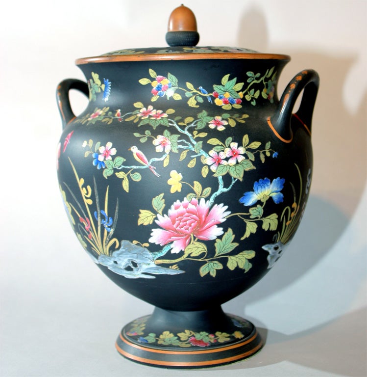A rare Wedgwood enameled basalt potpouri painted with Oriental flowers and birds, signed in upper case letters