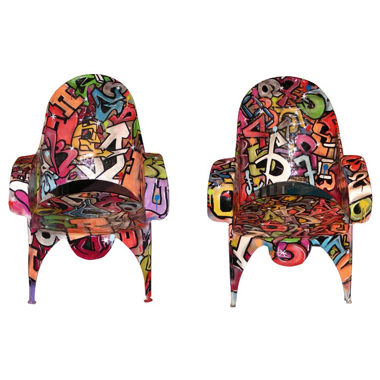 Two 20th Century Armchairs Painted by Mister For Sale