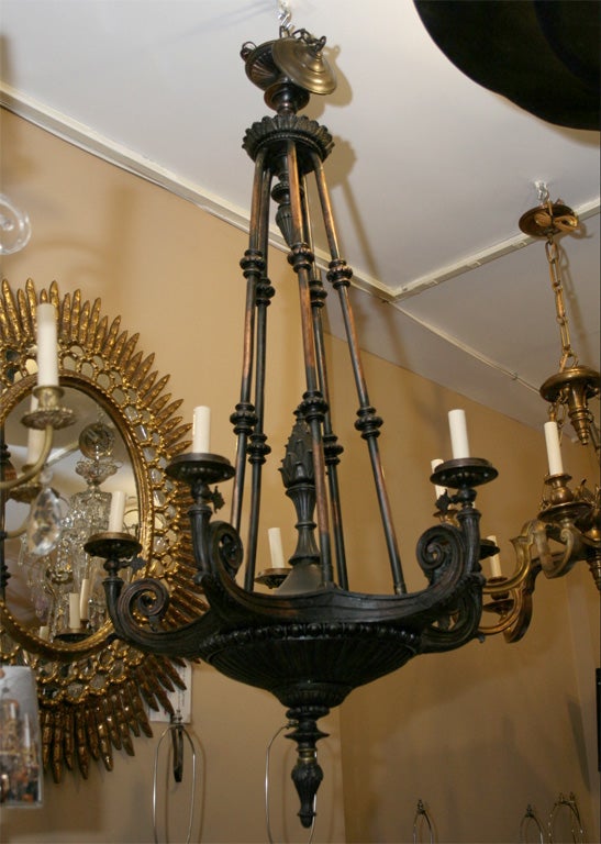 A late 19th century French neoclassic style bronze 6-arm chandelier with original patina. 

Measurements:
Minimm drop: 59