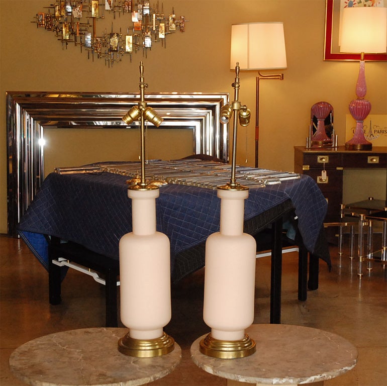 Brass Pair of Italian Glass Table Lamps For Sale