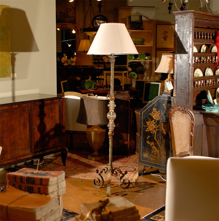 Twisted cord and crystal floor lamp with gilt iron leaf decor