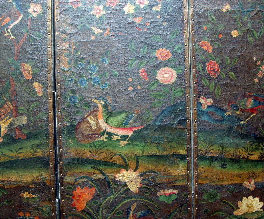 18th Century and Earlier Rare English six panel chinoiserie painted leather screen.