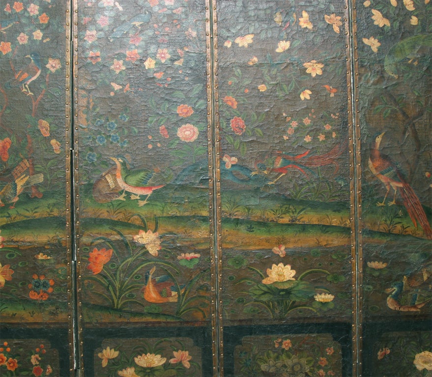 Rare English six panel chinoiserie painted leather screen. 3