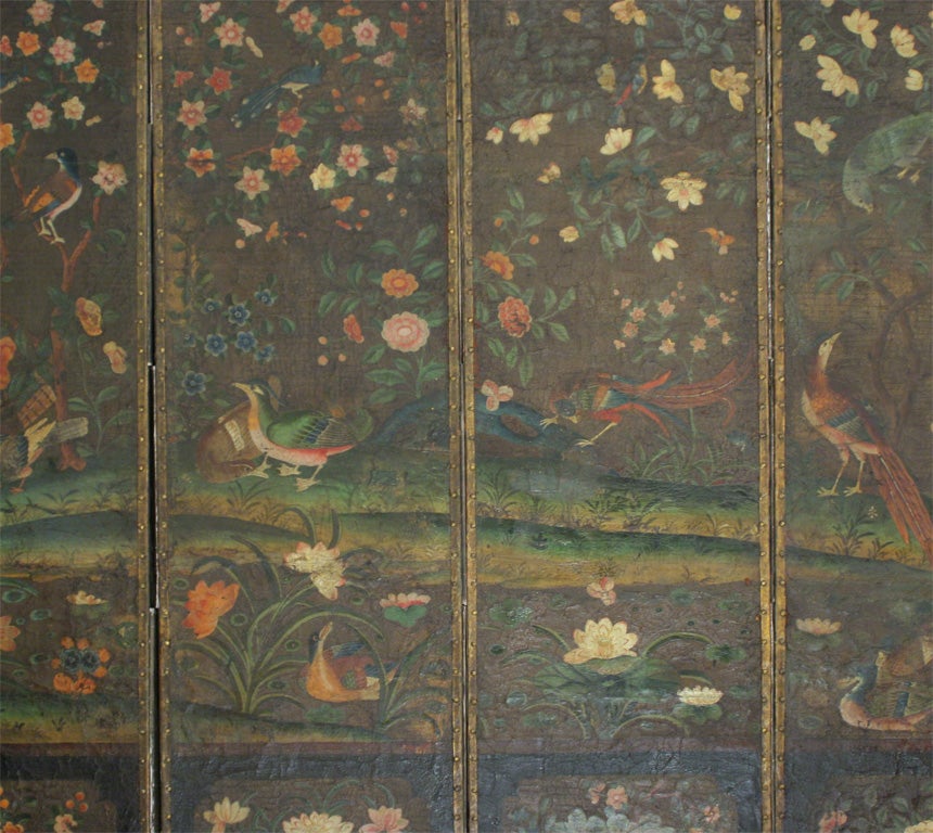Rare English six panel chinoiserie painted leather screen. 4