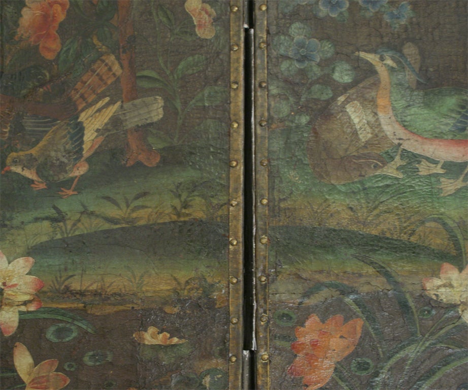 Rare English six panel chinoiserie painted leather screen. 5