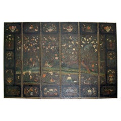 Rare English six panel chinoiserie painted leather screen.
