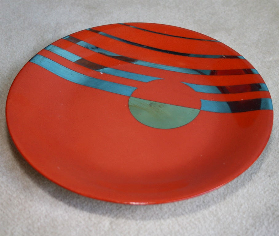 Set of Five Red Plates with Geometric Design by Jean Luce For Sale 1