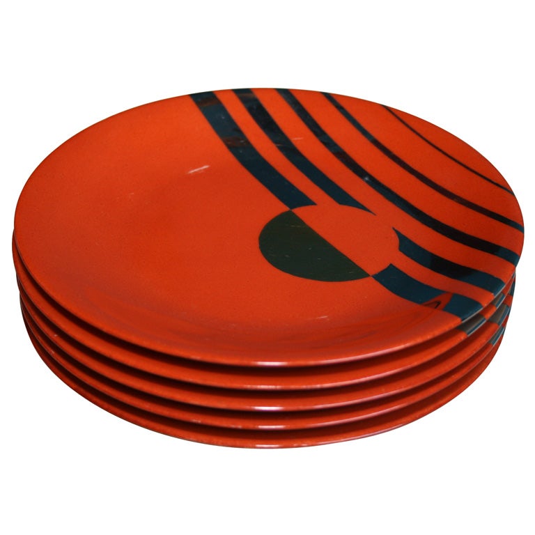 Set of Five Red Plates with Geometric Design by Jean Luce For Sale