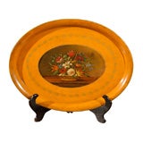 Yellow Tole Tray with Finely-Painted Floral Scene
