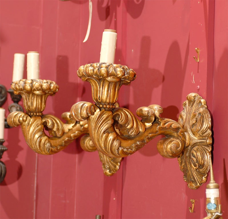 Giltwood Pair of single arm gilt wood sconces For Sale