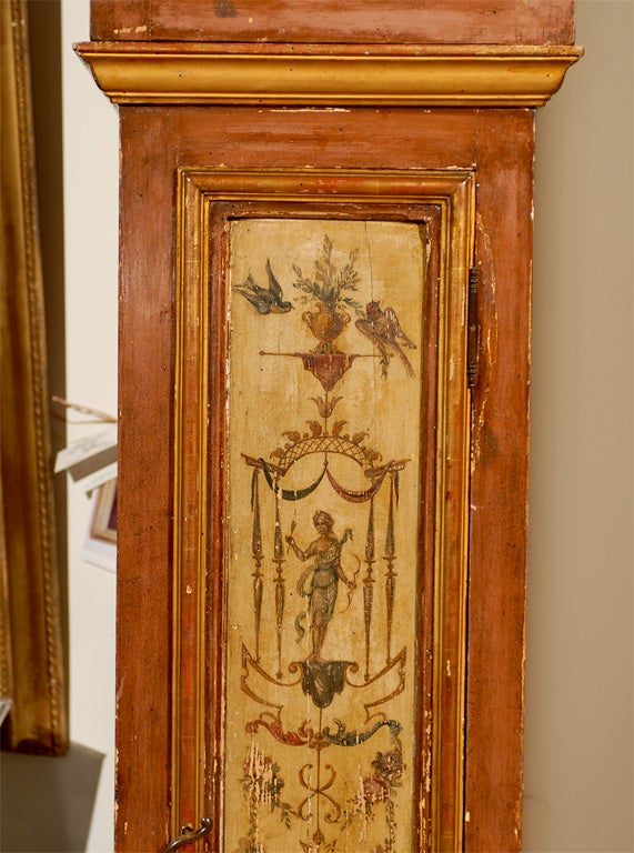Gilt French 19th Century Longcase Painted Clock with Carved Crest and Classical Décor For Sale