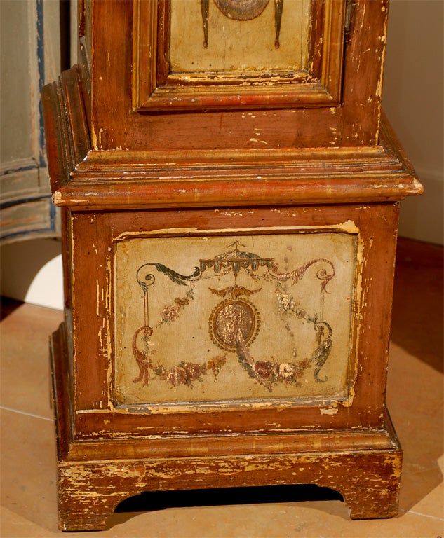 Glass French 19th Century Longcase Painted Clock with Carved Crest and Classical Décor For Sale