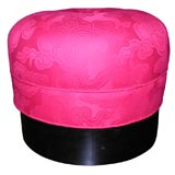 Round Pouf with Dark Mahogany Base, Upholstered in Red Brocade