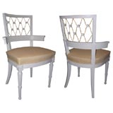 Pair of Gray Painted Wood Chairs with Jute Lattice Backs