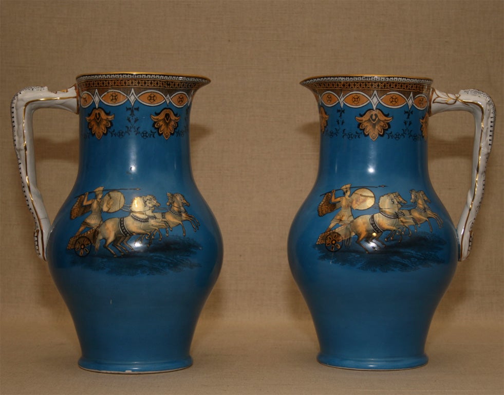 Pair Turquoise  Lusterware Pitchers, England, c. 1875