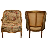 Pair of Louis XVI Giltwood Bergeres with Aubusson Tapestry