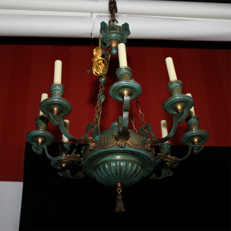 American Painted wood and gilt iron chandelier by E.F. Caldwell For Sale